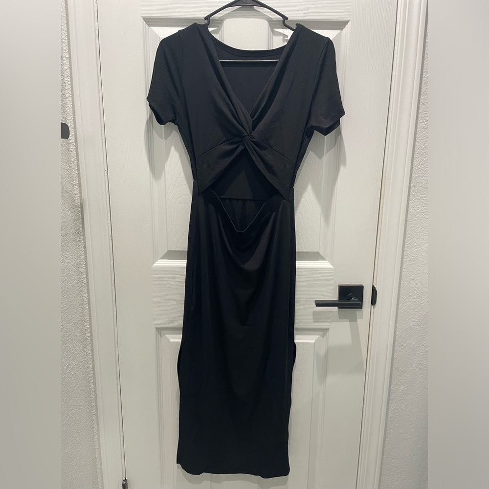 LYANER Women's Twist Front Cut Out Short Sleeve Bodycon Midi Dress